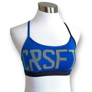 Reebok CrossFit Womens Sports Bra Sz XS Blue Yellow Graphic Spellout Racerback